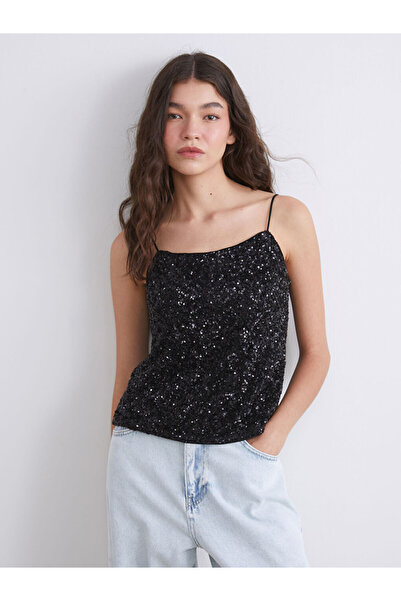 LC Waikiki Siyah Kare Yaka Pul Payetli Kadın Bluz