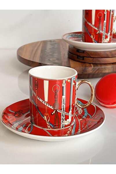 ROSSEV Turkish Coffee Cup Assortment Red 2 Person Set 4 Pieces