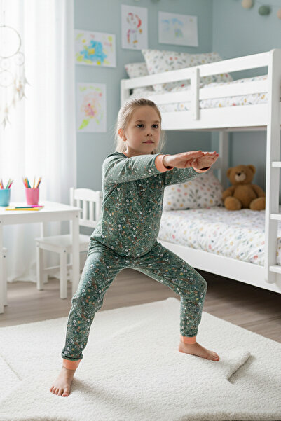 MK Mukko Kids Children's Pajama Set - Girls' Green Vintage Floral Pattern Transitional Pajama Sets