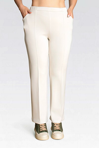TOLGA SARAÇOĞLU 30307 Ekru Soft Textured Modal Fabric Knitted Pants