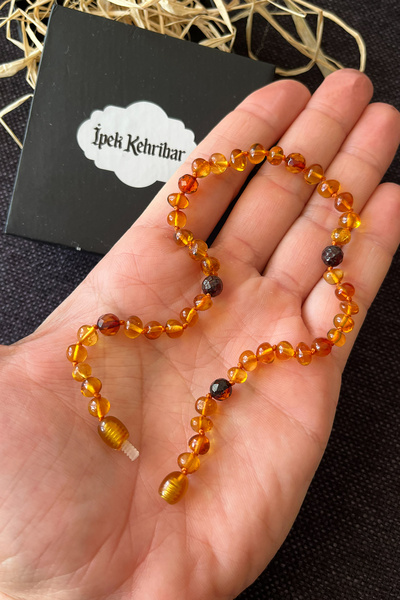 İpek Kehribar Lithuania Certified Drop Amber Baby & Kids Necklace – Caramel & Cherry Color, Round Silk-343