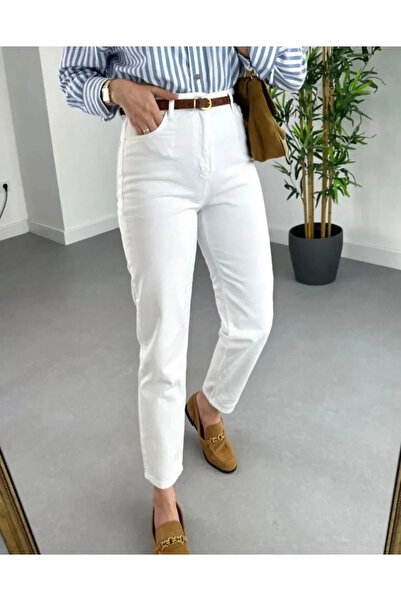 WODDİ Mom White Jean High Waist Detail Stretch Fabric Boyfriend Jeans Trousers-2