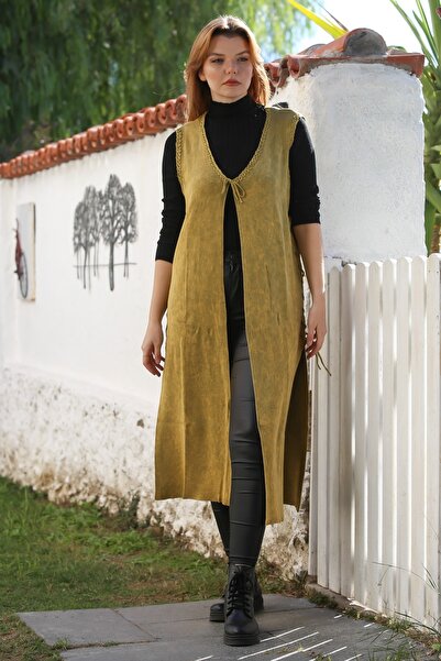 Chiccy Mustard V-Neck Sleeveless Tie-Up Side Casual Long Knitwear Vest 118 75