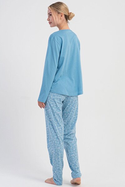 VİENETTA Women's Plus Size Blue Long Sleeve V-Neck Pajama Set C8T6N1305