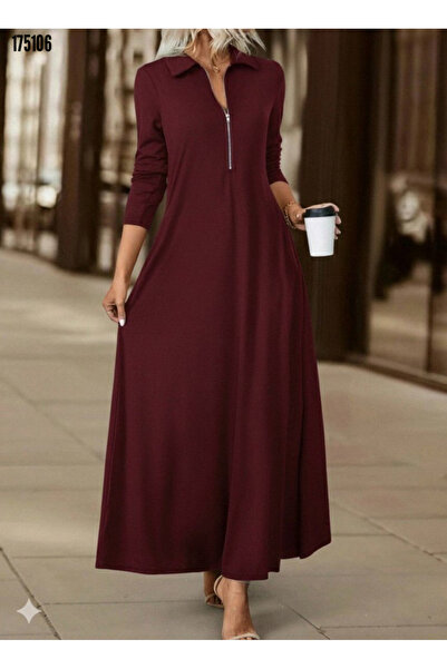 Modayakamoz Yeni Sezon Uzun Kollu Kadın Viskon Elbise Fermuarlı Yakalı Model