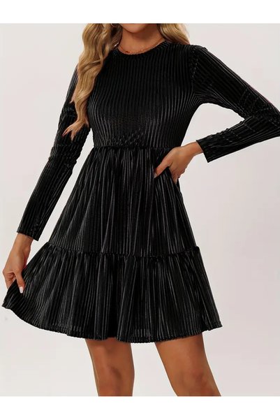 StilVibe Rochie de iarnă din catifea cu mâneci negre pentru femei |   cu căptușeală din fleece , petrecere, rochie de seara