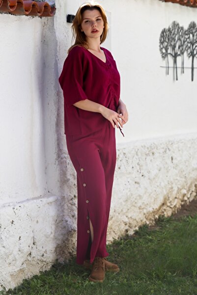 Chiccy Wine Red V-Neck Batwing Sleeve Buttoned Slim Gathered Casual Cotton Woven Bottom Top Set 60-102 70-65