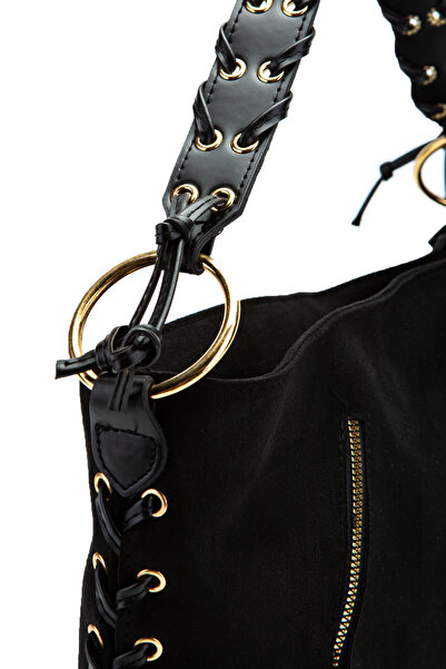 minebag Suede Texas Women's Shoulder Bag with Knitted Handle and Rope Pendant Detail, Black