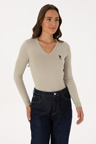 U.S. Polo Assn. Γυναικείο πουλόβερ ανοιχτό χακί με λαιμόκοψη σε σχήμα V 50307712-VR183