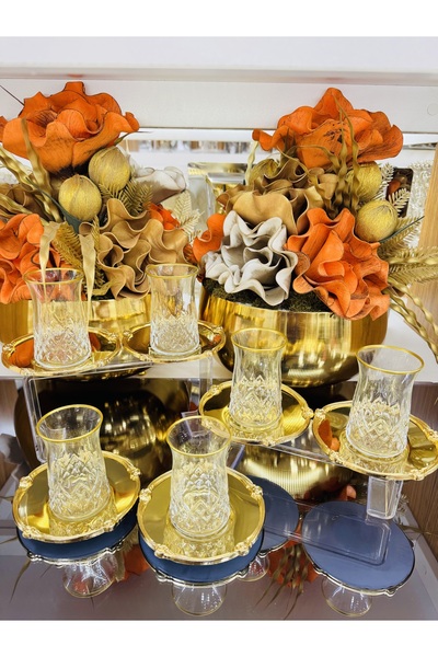 EVRA 6 Kişilik Döküm Pirinç Tabaklı Lüx Çay Seti Takımı