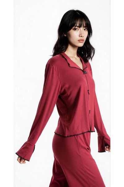 Ecrou Γυναικείο σετ πιτζάμες με μακρυμάνικο μπλουζάκι και παντελόνι με υφή πλέξη ριμπ από την Seoul