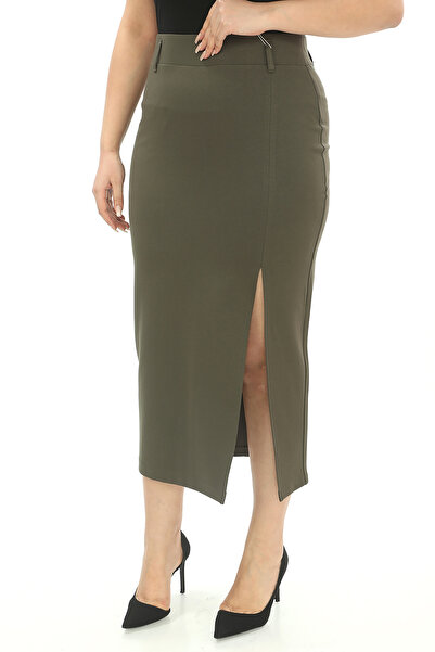 EXİTLİNE Women's Deep Slit Flexible Long Pencil Skirt Transitional Khaki Color with Elastic Waist