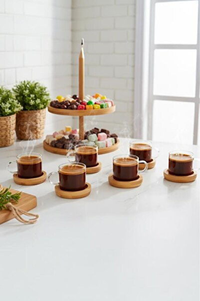 Atbyhome 12 Parça Cam Kahve Sunum Seti Bambu Altlıklı Fincan Takımı