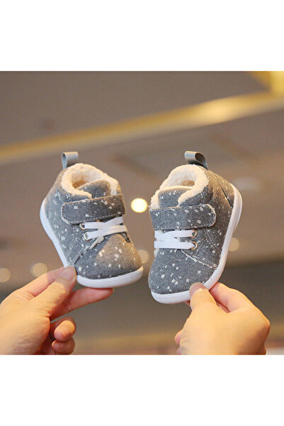 BebeNou Pantofi gri cu căptușeală din fleece și buline albe LIHYW19-1-bo5