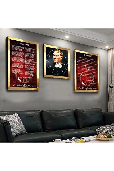 Zevahir Mobilya Dekorasyon Gold Aynalı Pleksi Çerçeveli Atatürk İstiklal Marşı Ve Gençliğe Hitabe Saatli MDF Tablo Seti