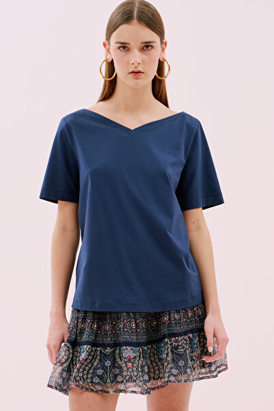 Roman Kayık V Yaka Kısa Kol T-Shirt Lacivert Y2523813_015