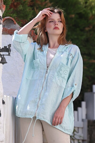 Chiccy Italian Mint K Hooded Buttoned Long Sleeve Zippered Pocket Mesh Detailed Linen Woven Jacket 75 65