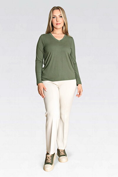 TOLGA SARAÇOĞLU 30307 Ekru Soft Textured Modal Fabric Knitted Pants