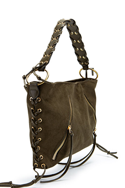 minebag Knitted Handle Rope Pendant Detailed Suede Texas Women's Shoulder Bag Khaki