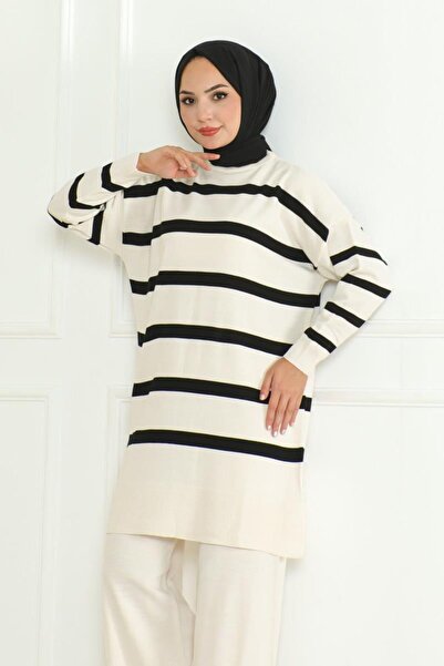 STİLZERAFET Women's Striped Knitwear Set Standard Size (38-46) Suitable