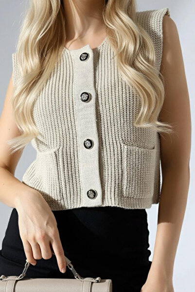 MILANOFOX Women's Stone Sleeveless Buttoned Knit Vest – Comfortable Casual Model with Pockets