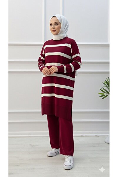STİLZERAFET Women's Striped Knitwear Set Standard Size (38-46) Suitable