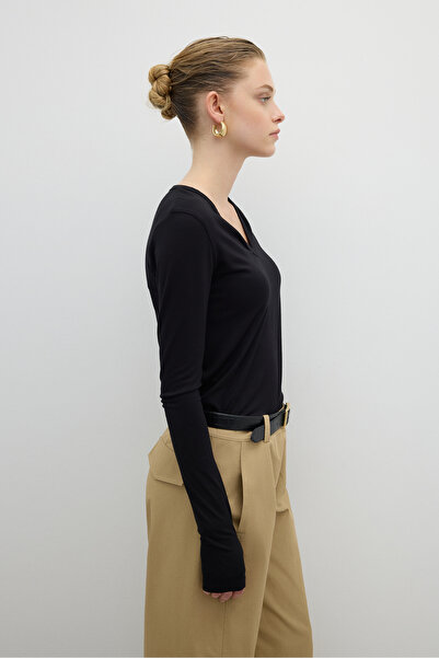 Roman V Yaka Uzun Kol Basic T-shirt Siyah K2623803_001