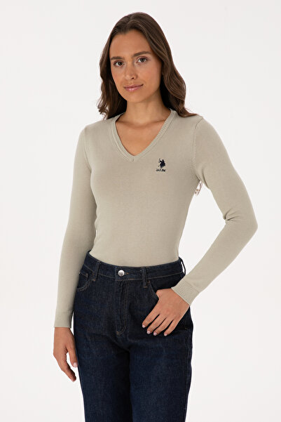 U.S. Polo Assn. Γυναικείο πουλόβερ ανοιχτό χακί με λαιμόκοψη σε σχήμα V 50307712-VR183