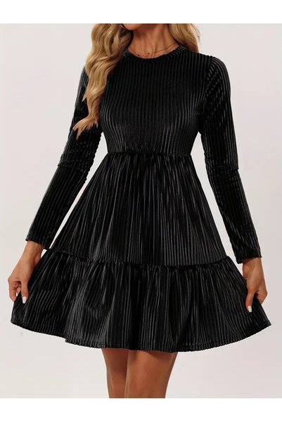 StilVibe Rochie de iarnă din catifea cu mâneci negre pentru femei |   cu căptușeală din fleece , petrecere, rochie de seara