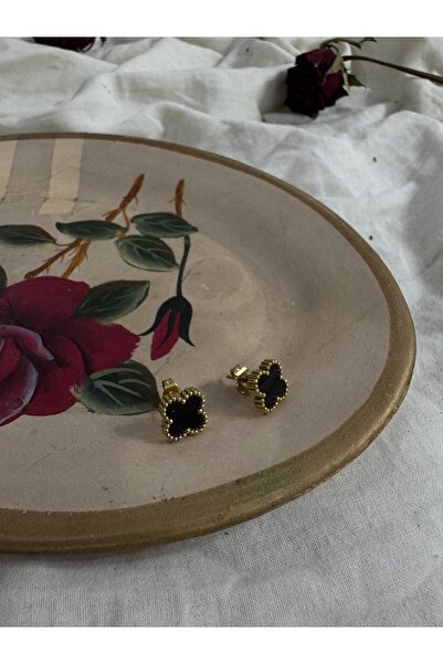 Okudan Yonca Siyah Gold Renk Çelik Küpe