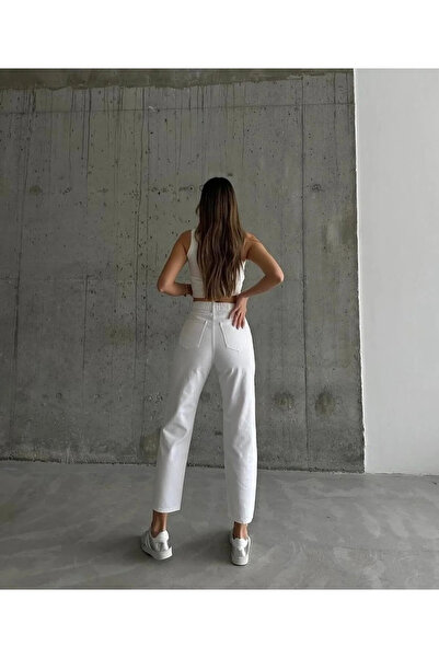WODDİ White Mom Jean Stretch Fabric High Waist Detail Denim Pants Casual-3