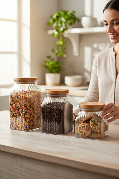 beyshome 3'lü Ahşap Vakum Kapaklı Şeffaf Mika Çizgili Saklama Kabı / Kavanoz ...