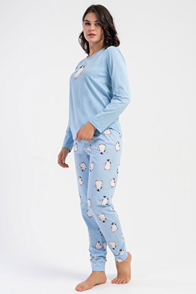 VİENETTA Kadın Mavi Renk Uzun Kollu Bisiklet Yaka Lastikli Paça Penguen Desenli Pamuklu Pijama Takımı C1T6N13