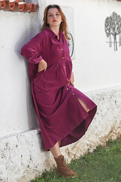 Chiccy Italian Wine-Colored Shirt Collar Buttoned Long-Sleeved Casual Velvet Woven Dress with Pockets 128 66