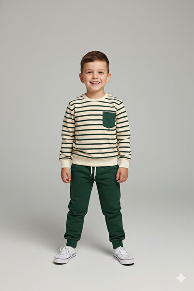 WORRN Erkek Çocuk Çizgili Supreme Kumaş Cep Detaylı Paça Ribanalı Trend Takım - 1039698