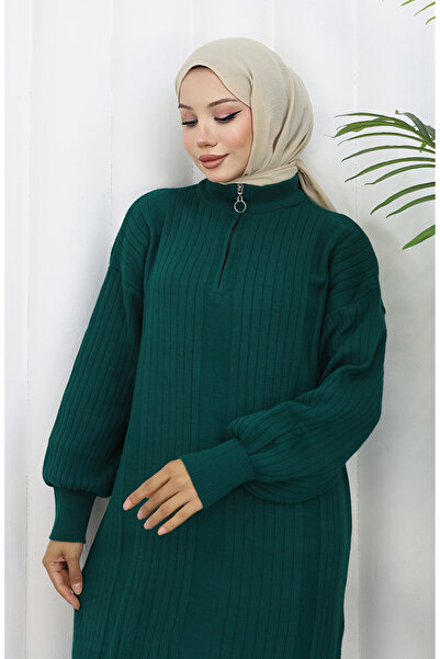 sefamerve Tricotaj material reiat Rochie cu fermoar 0005-03 Petrol