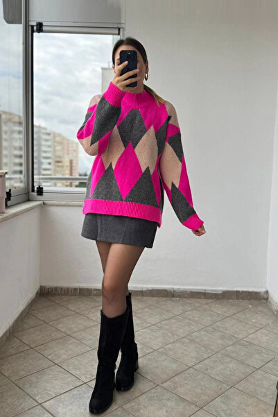 Kubos Moda Baklava Pattern Relaxed Fit Fuchsia Sweater