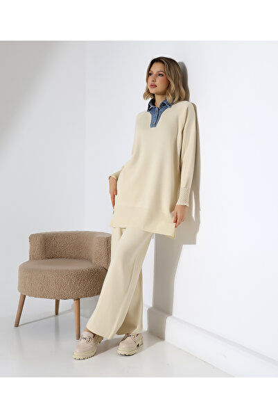 Cemre Life Women's Knitwear Two-Piece Set – Denim-Look Collar Detail Sweater and Wide-Leg Pants