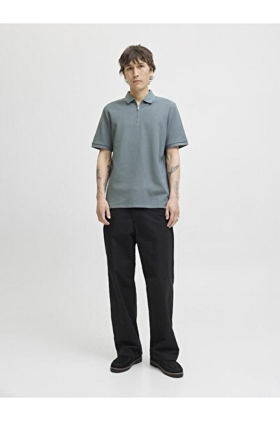 Jack & Jones Men's Green2 Jjeaustin Zip Polo Ss Noos Polo T-Shirt 12279177-Stormywea