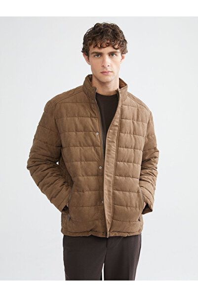 LC Waikiki معطف بني قصة ضيقة ياقة مرتفعة متوسطة الطول من جلد الغزال للرجال