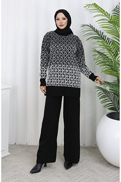 sefamerve Knitted patterned tunic pants two-piece set 1085-08 black