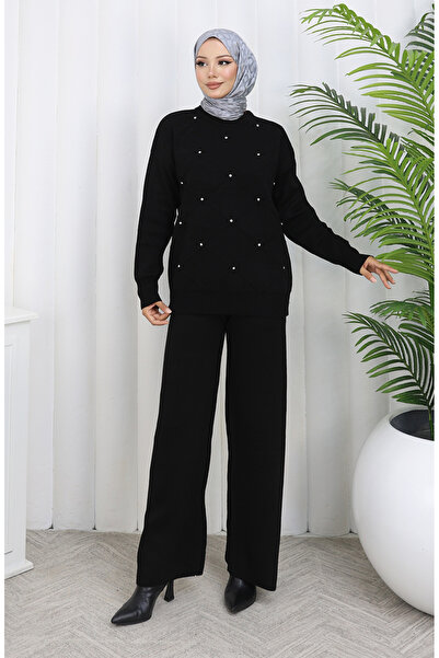sefamerve Triko Baklava Desenli Taşlı Kazak Pantolon İkili Takım 0018-06 Siyah