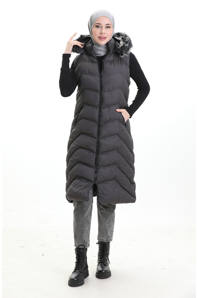 sefamerve Hooded Zippered Puffer Long Vest 0179-02 Anthracite