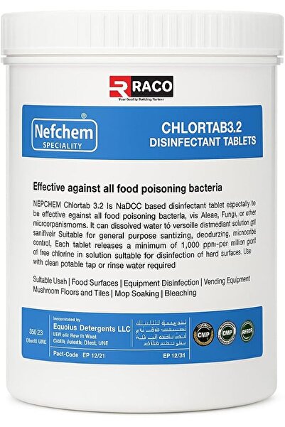 Raco Nefchem Chlortab 3.2 Disinfectant Tablets - NaDCC Chlorine Tablets for Food Surfaces & Water Pu