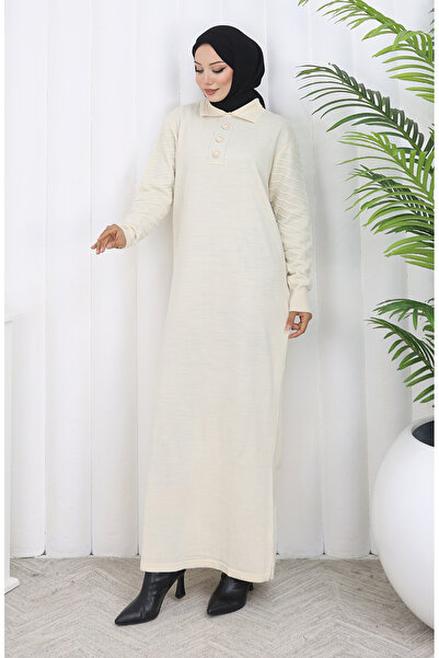 sefamerve Knitwear Polo Neck Button Dress 1141-05 Beige
