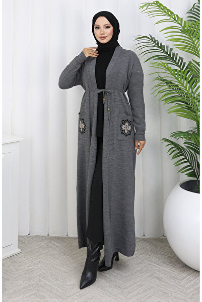 sefamerve Πλεκτό Κέντημα Μακριά Ζακέτα 0022-06 Ανθρακίτη