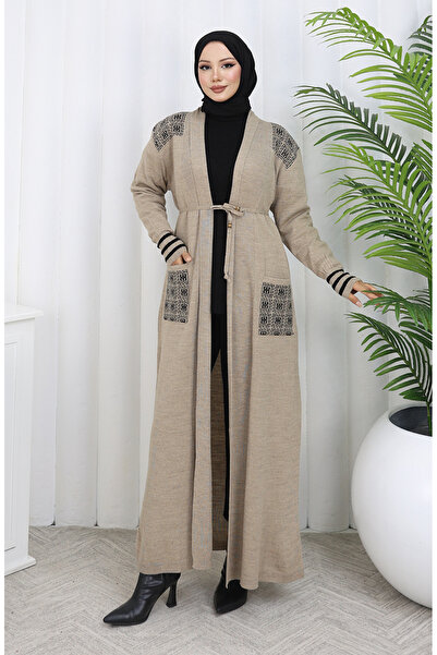 sefamerve كارديجان طويل مطرز بالكروشيه 0027-02 بيج