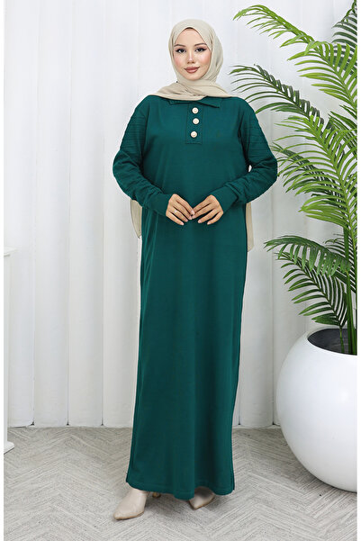 sefamerve Knitwear Polo Neck Button Dress 1141-01 Petrol