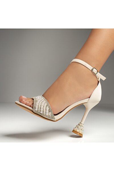 Modlet.ro Women's beige sandals with thin heel and applied stones MOD13806