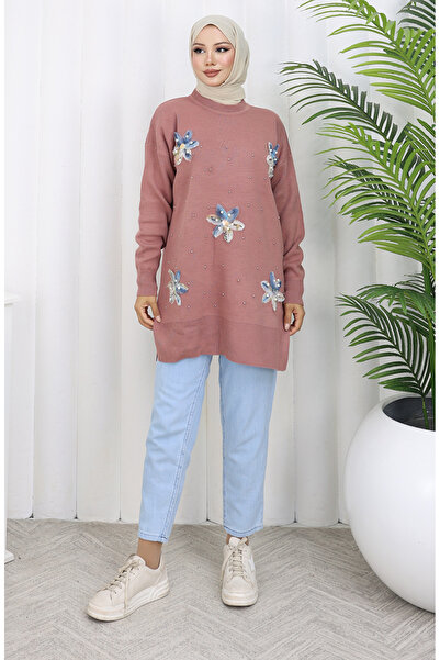 sefamerve Triko Garnili Tunik 3010-01 Gül Kurusu